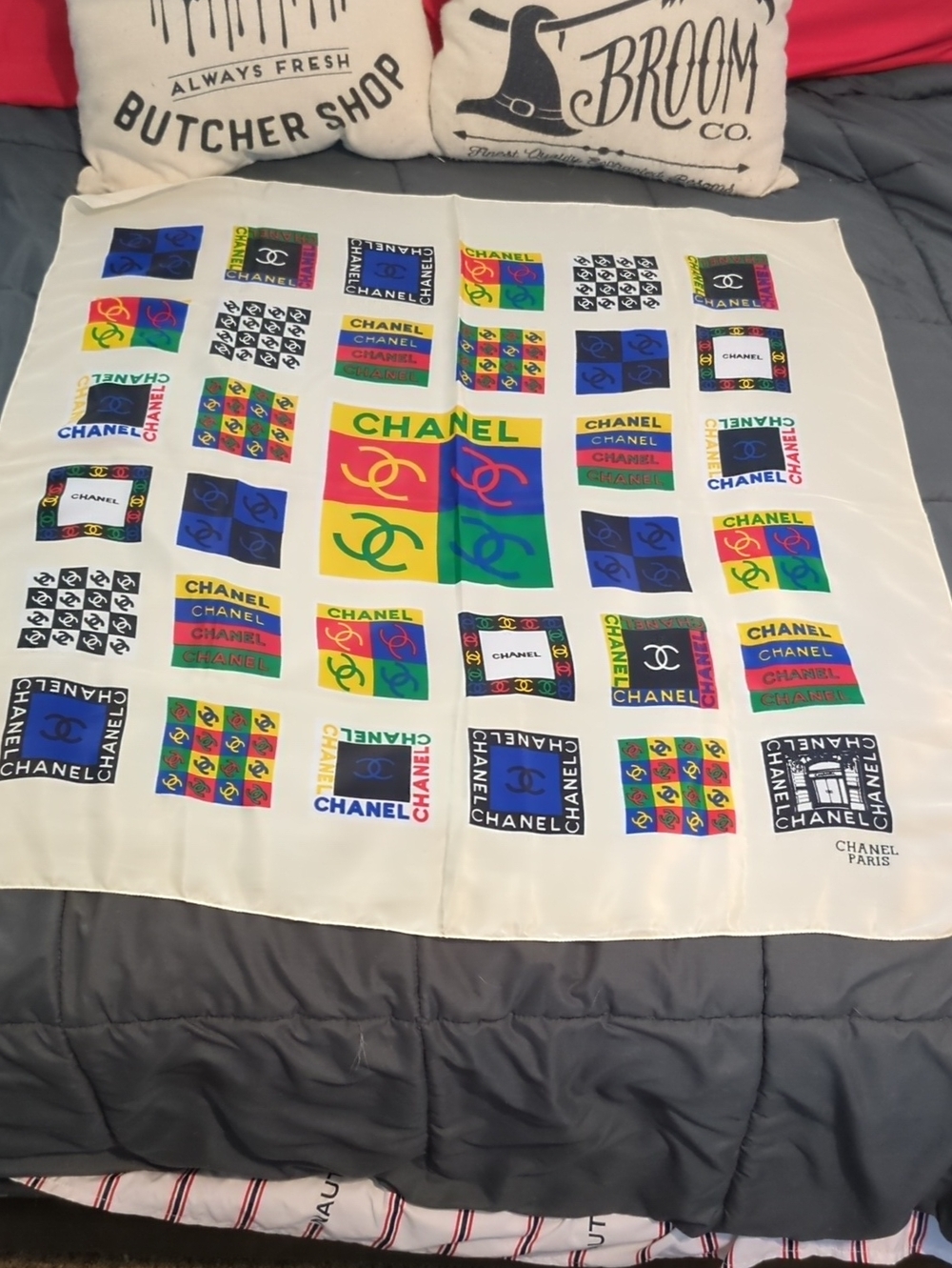 Authentic CHANEL Multicolor Logo Patchwork Silk Scarf on Cream Field WOW!